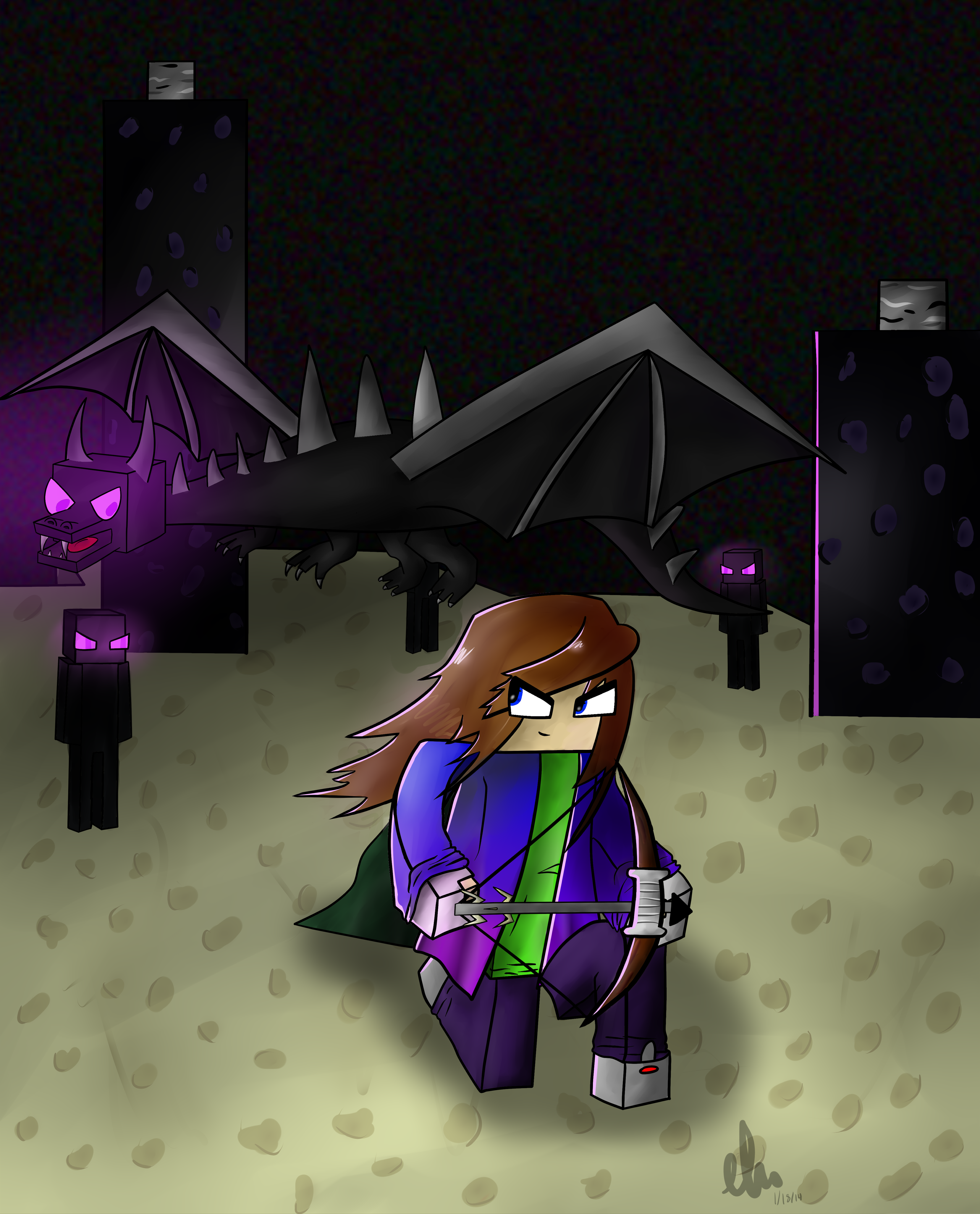 old digital drawing of my Minecraft character fighting the Ender Dragon