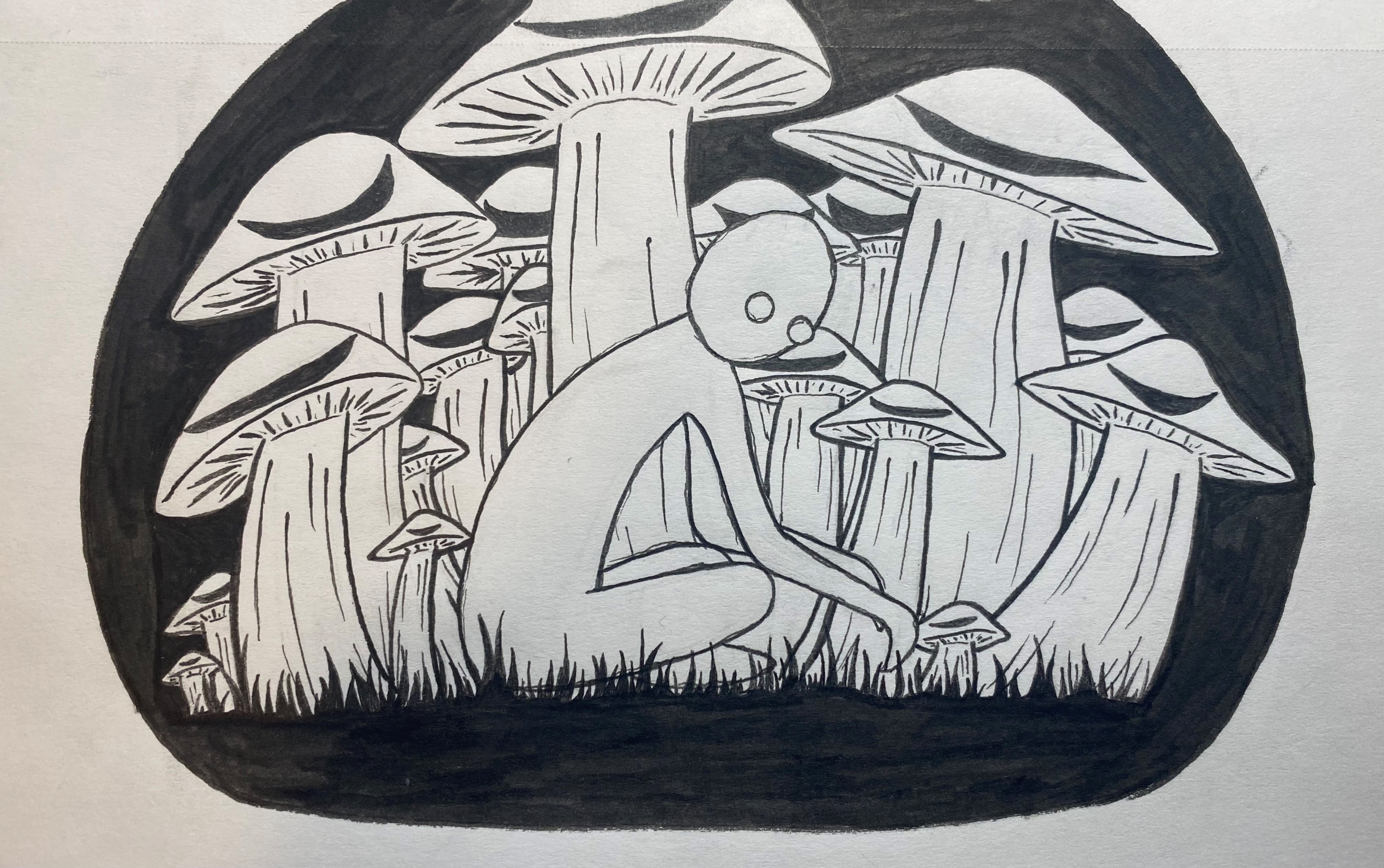 ink drawing of a creepy sitting entity surrounded by mushrooms