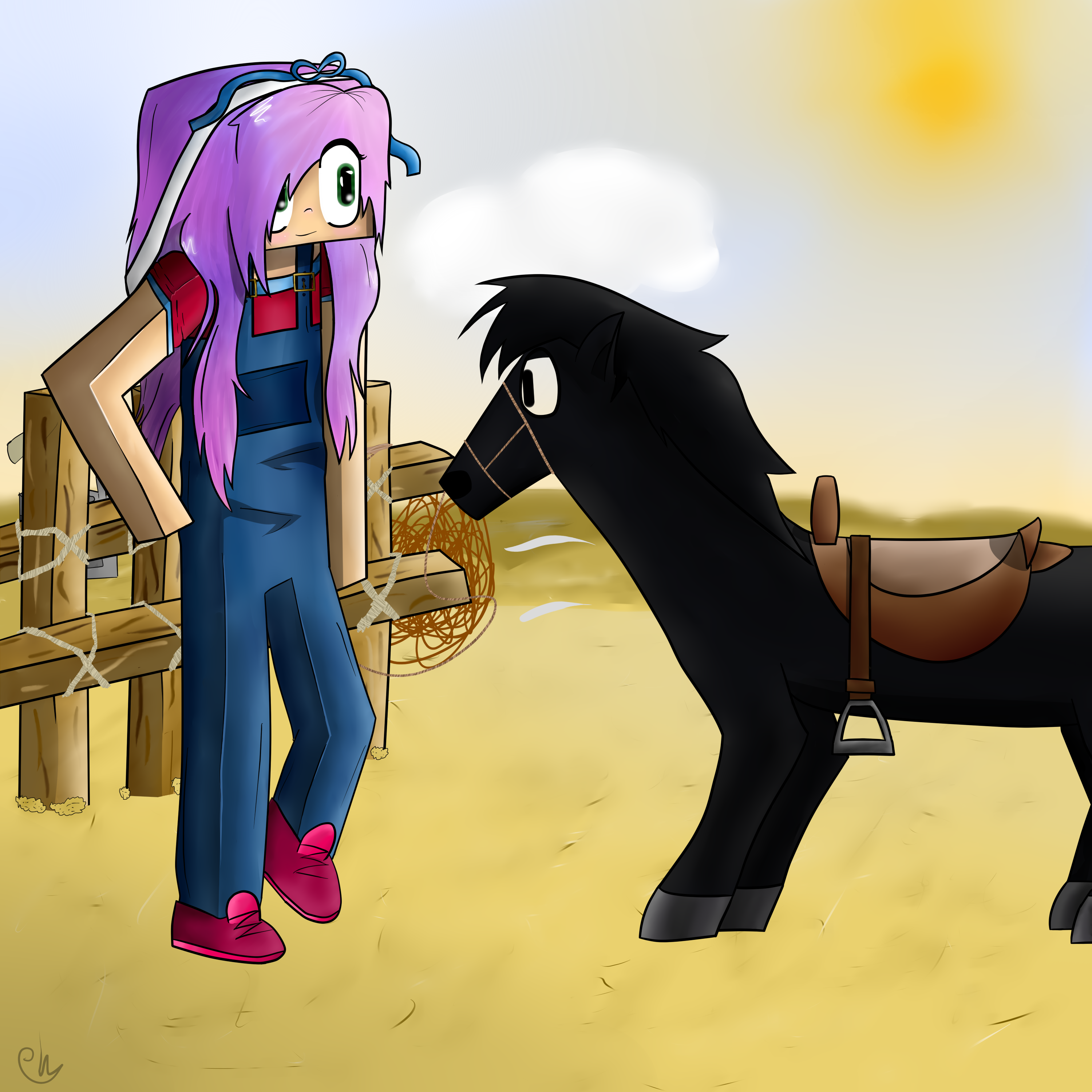 old digital drawing of a Minecraft character standing next to a horse