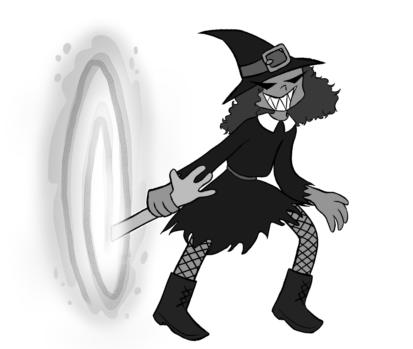 a cartoon witch stepping out of a portal while dragging someone by the arm